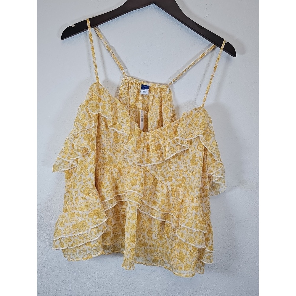 Old Navy Womens Size 2X Yellow Floral Print Strappy Ruffled Chiffon Top